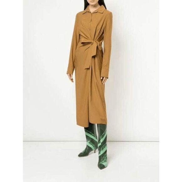Tibi Caramel Brown Viscose Twill Tie Waist Midi Shirt Dress Women's Small - Picture 1 of 7